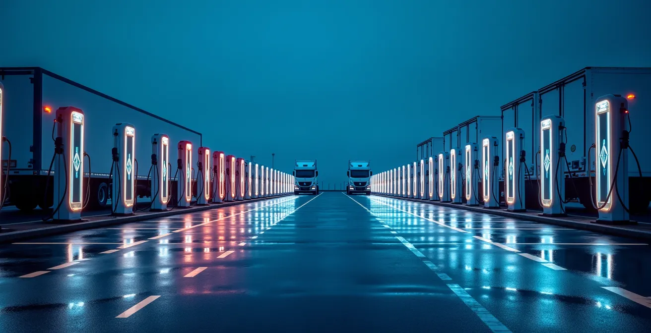 Deposito logistico con stazioni di ricarica multiple per camion elettrici durante la notte