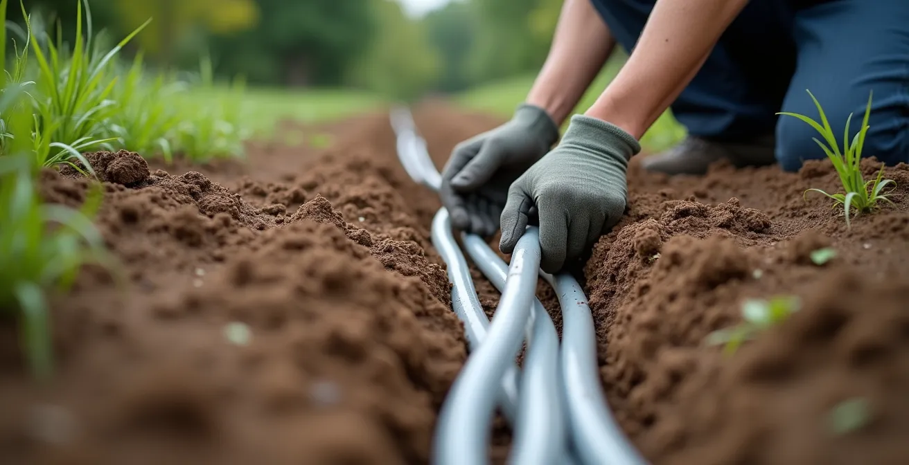 Vista laterale di scavo per posa cavi 12V con corrugato protettivo in giardino