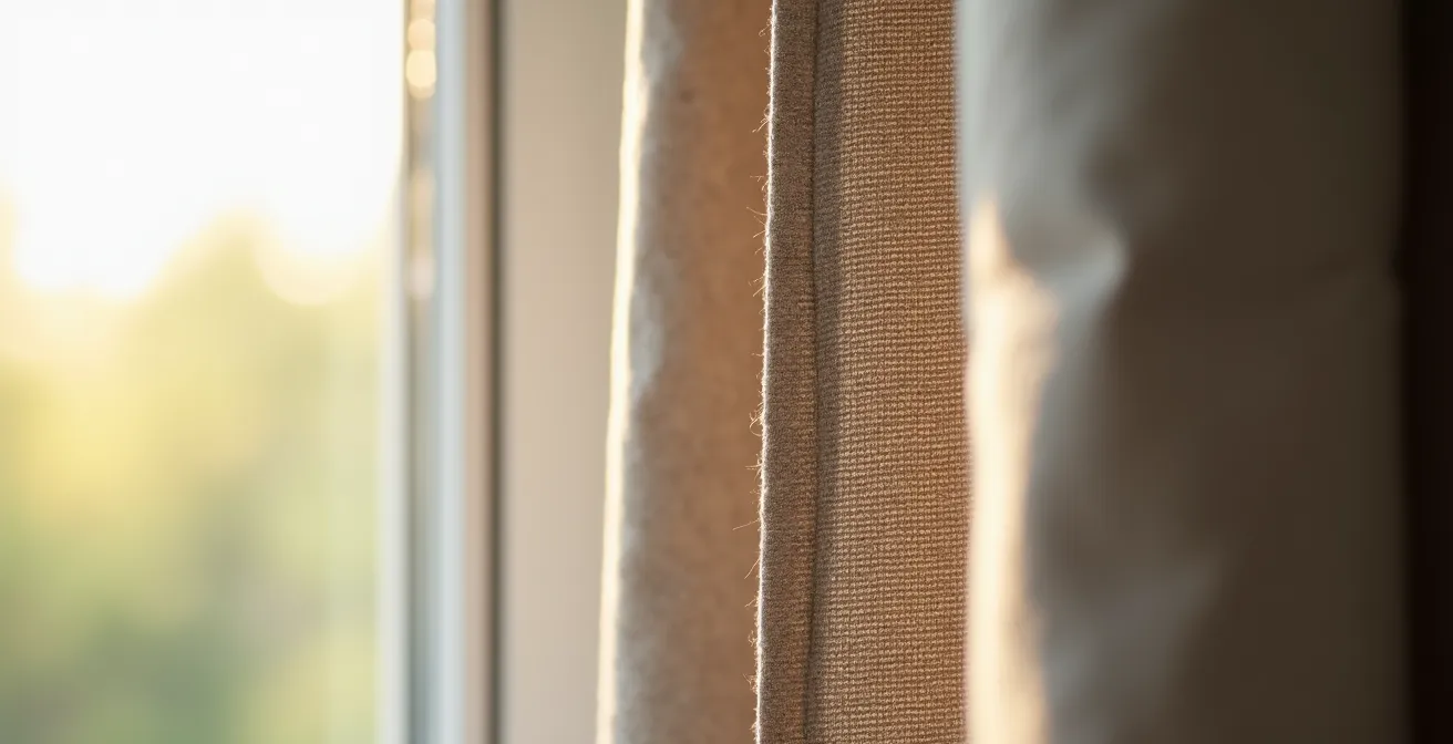 Sezione laterale di una finestra con tenda pesante che mostra lo strato d'aria intrappolato tra vetro e tessuto