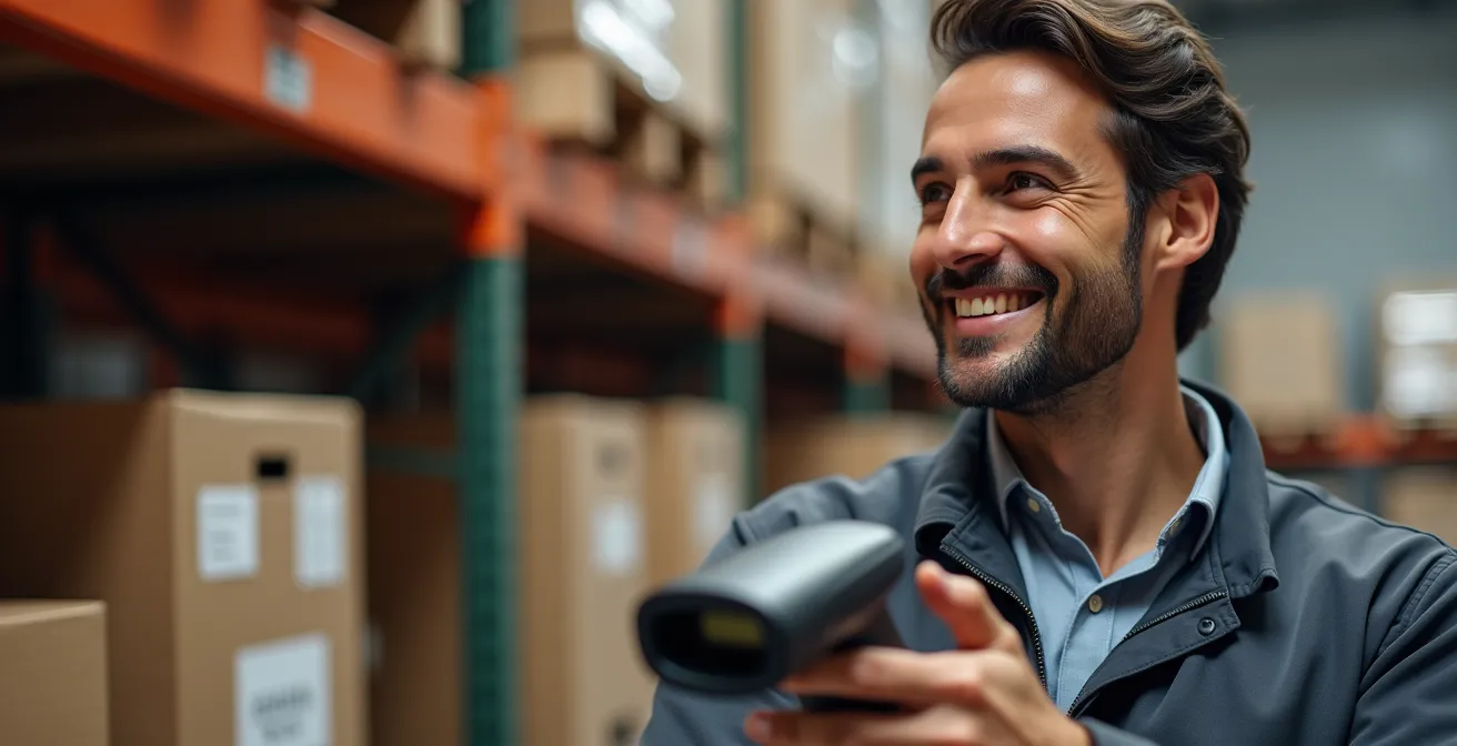 Operatore di magazzino che esegue un inventario rotante con tablet digitale