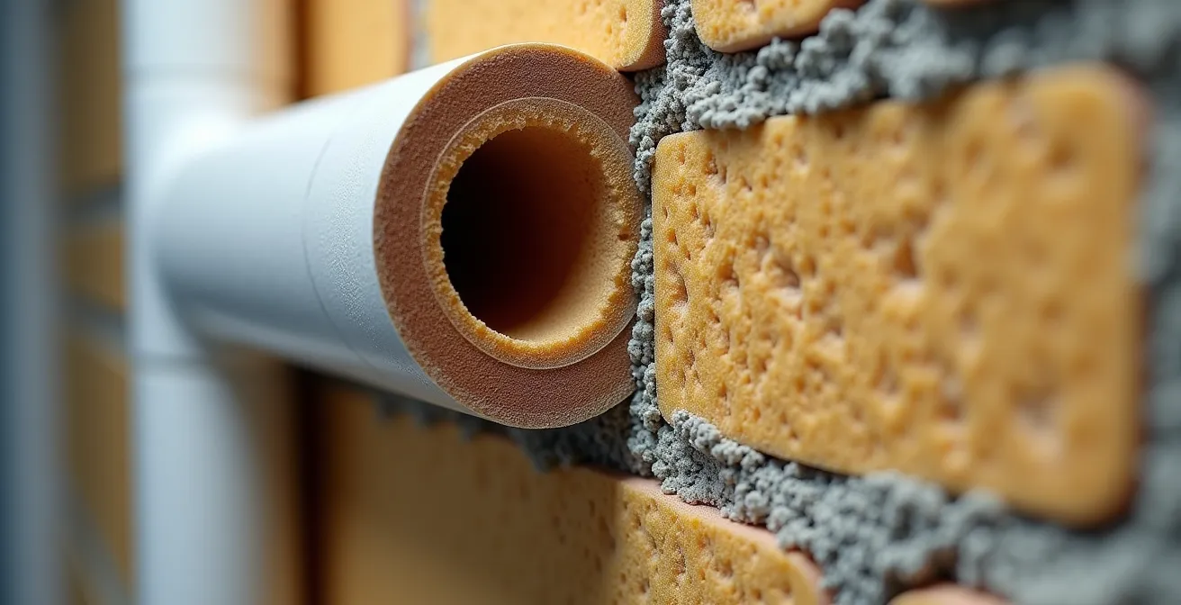 Dettaglio di materiali fonoisolanti e antivibranti avvolti attorno a un tubo di scarico all'interno di una parete