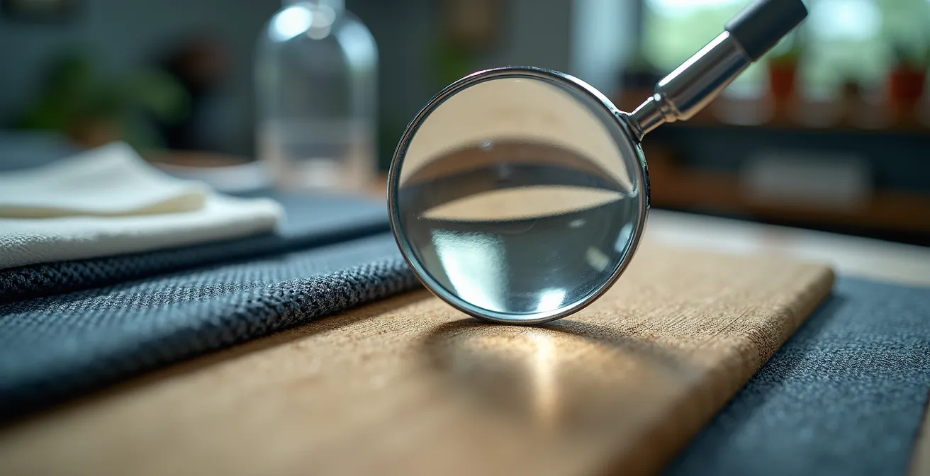 Dettaglio ravvicinato di tessuti e materiali per arredamento sotto lente d'ingrandimento