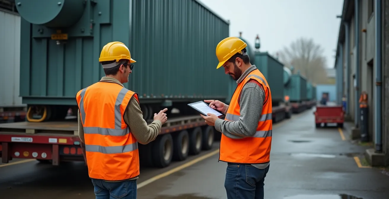 Professionisti che ispezionano un macchinario industriale con tablet e documentazione durante la consegna