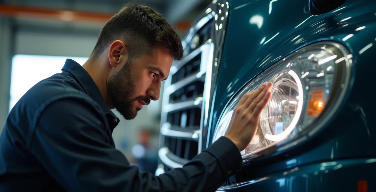 Meccanico che ispeziona il sistema di illuminazione anteriore di un camion con particolare attenzione all'orientamento dei fari