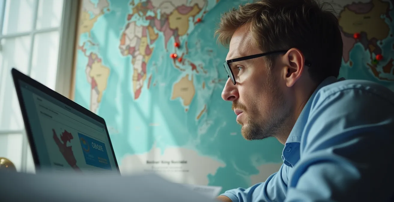 Sala controllo logistica con mappe globali e monitoraggio rotte marittime