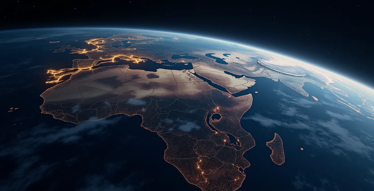 Vista aerea oceano con rotte marittime tracciate e zone tempestose evidenziate