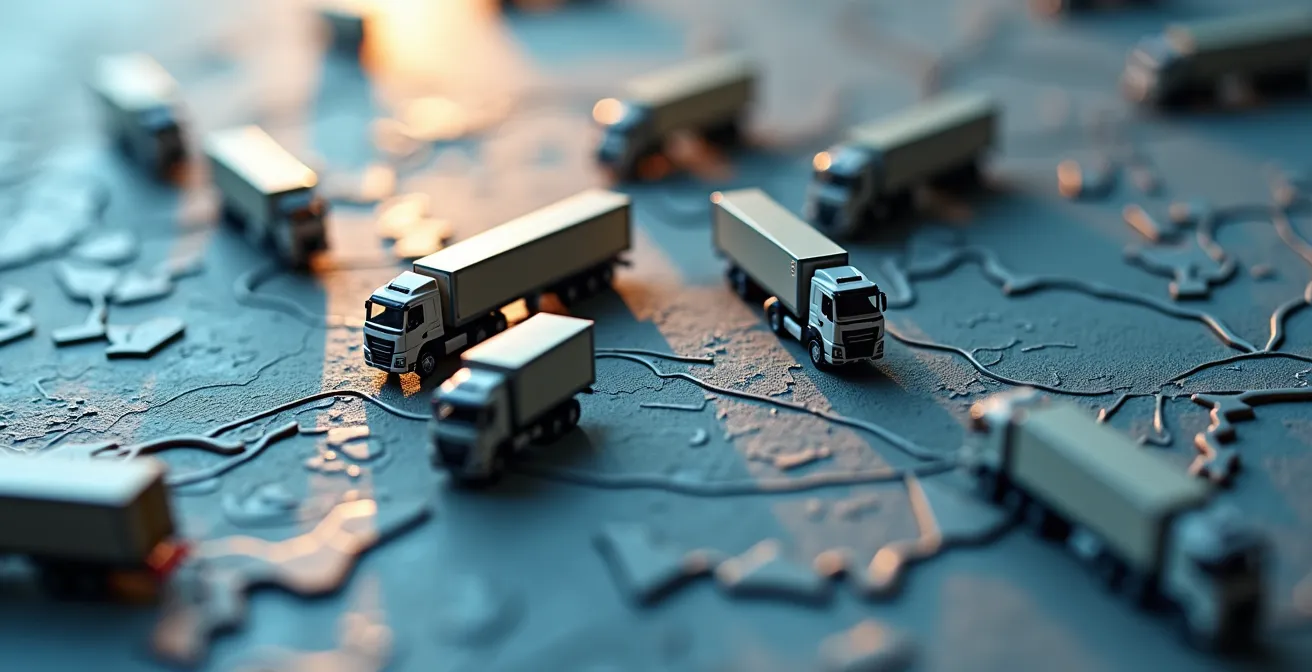 Vista aerea di una rete di trasporto con veicoli in movimento su percorsi ottimizzati