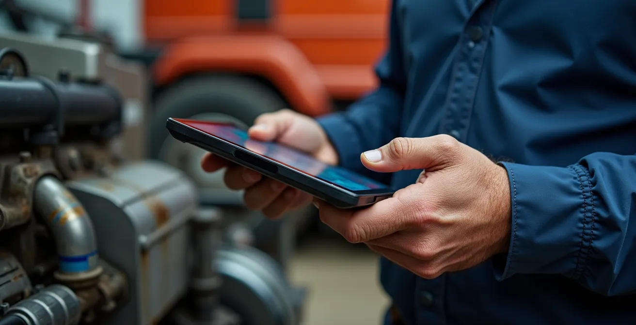 Meccanico in officina italiana analizza dati di manutenzione predittiva su tablet