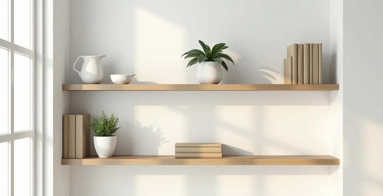 Mensole organizzate secondo la regola dei terzi con spazi vuoti bilanciati