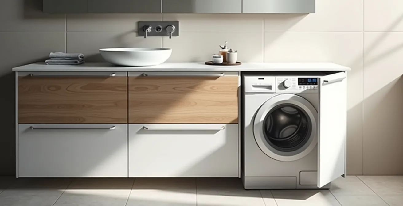 Mobile bagno su misura con lavatrice integrata nascosta dietro ante in legno chiaro