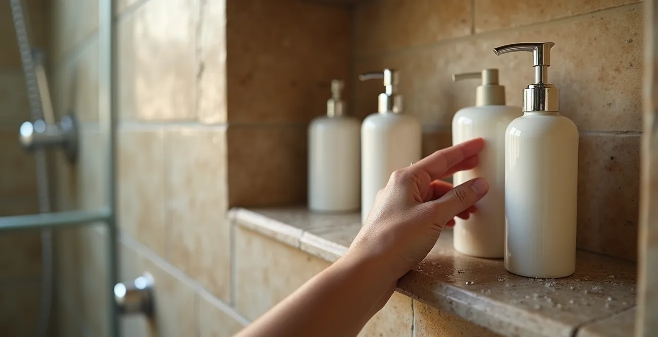 Nicchia incassata nel muro della doccia con ripiano in pietra naturale