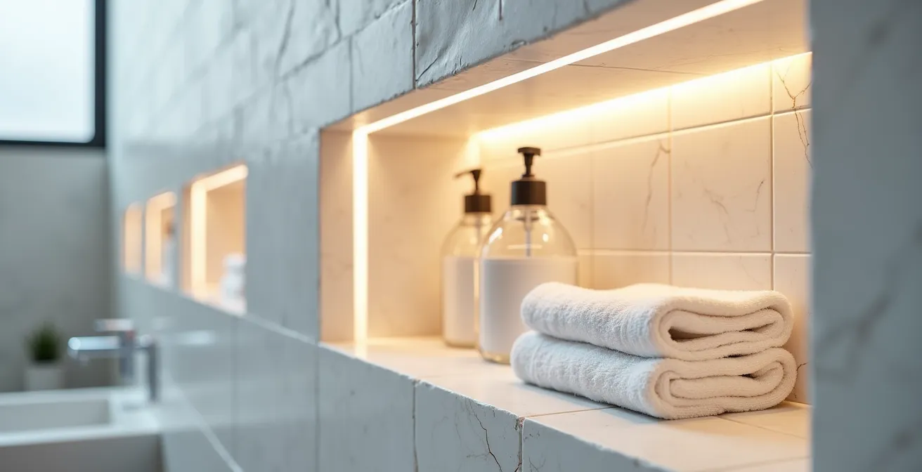 Nicchia illuminata con LED integrati nel muro del bagno per contenere prodotti e asciugamani