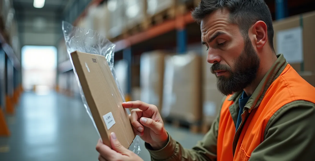 Paletta con film estensibile danneggiato durante il trasporto