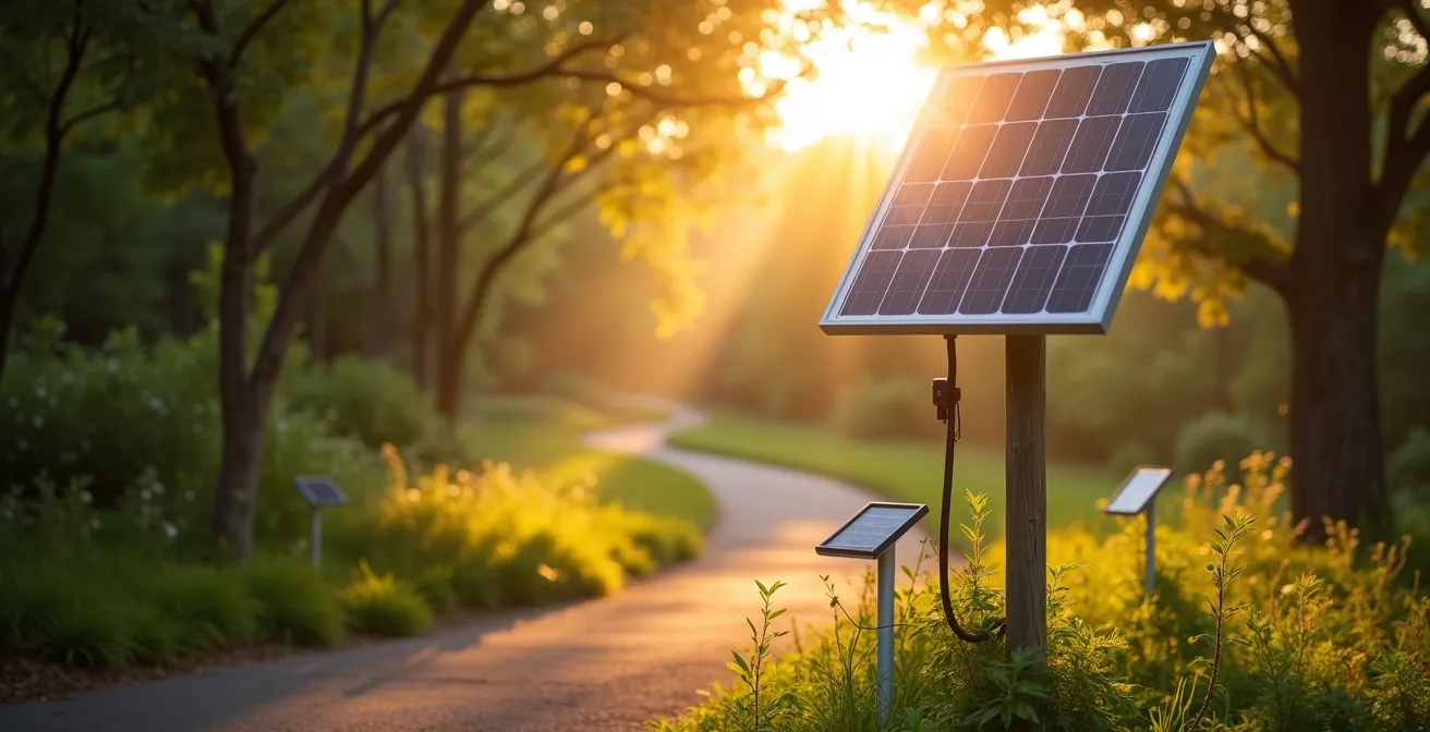 Pannello solare separato posizionato strategicamente in zona soleggiata del giardino