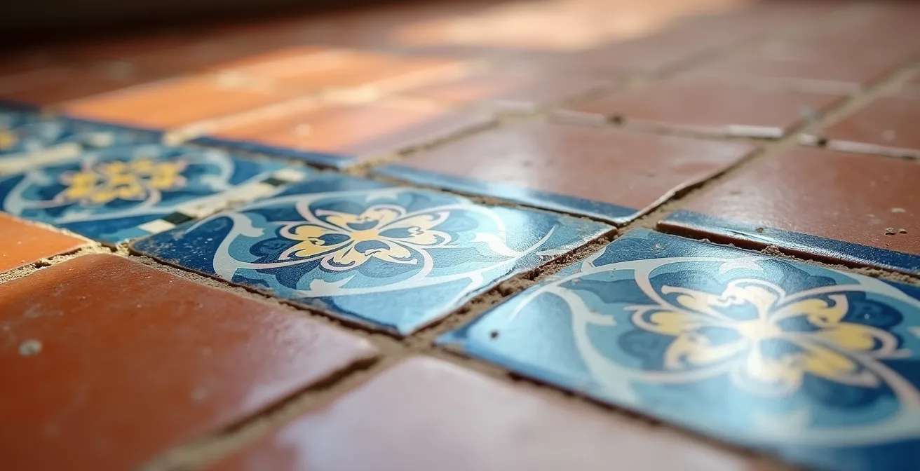 Dettaglio pavimento con inserto decorativo in cementine colorate dove prima c'era un muro divisorio