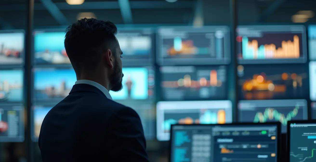 Operatore logistico analizza dati di carico su monitor multipli in centro controllo