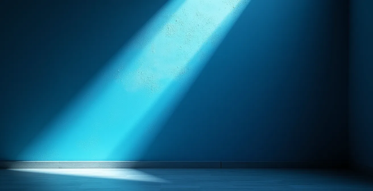 Parete con pittura fotocatalitica illuminata da luce UV che mostra particelle nell'aria