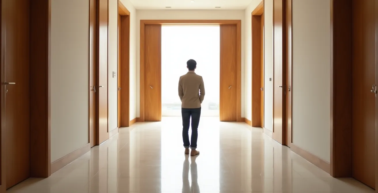 Corridoio con porte a tutta altezza che creano continuità visiva e sensazione di lusso