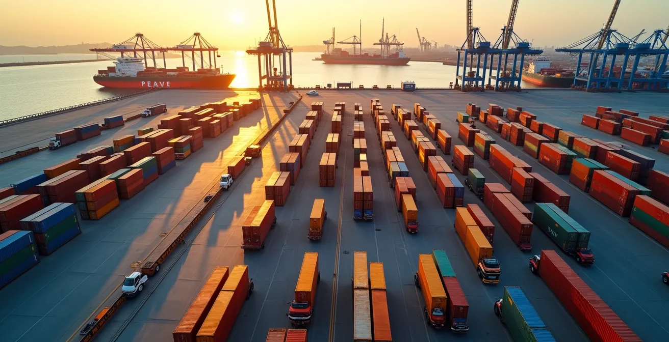 Vista aerea di un terminal portuale con centinaia di container colorati in attesa di sdoganamento.