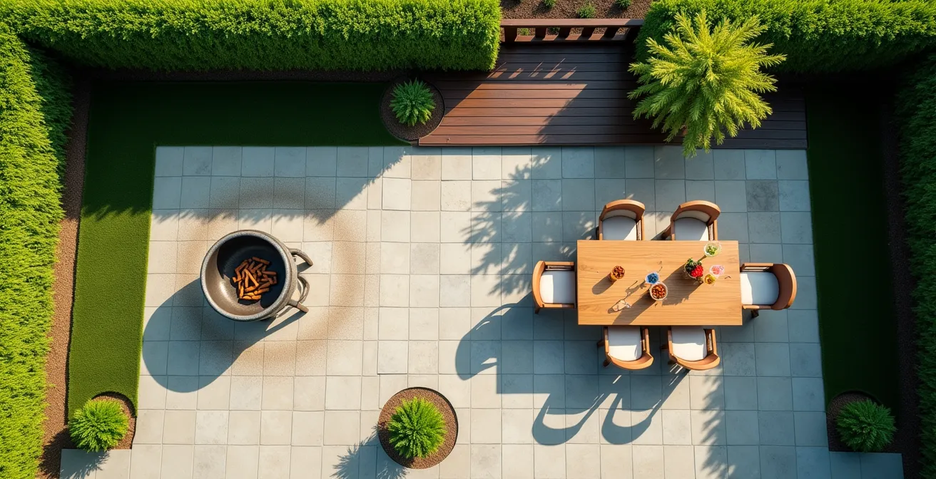 Schema aereo di giardino con indicazioni del flusso del vento e posizionamento ottimale del barbecue