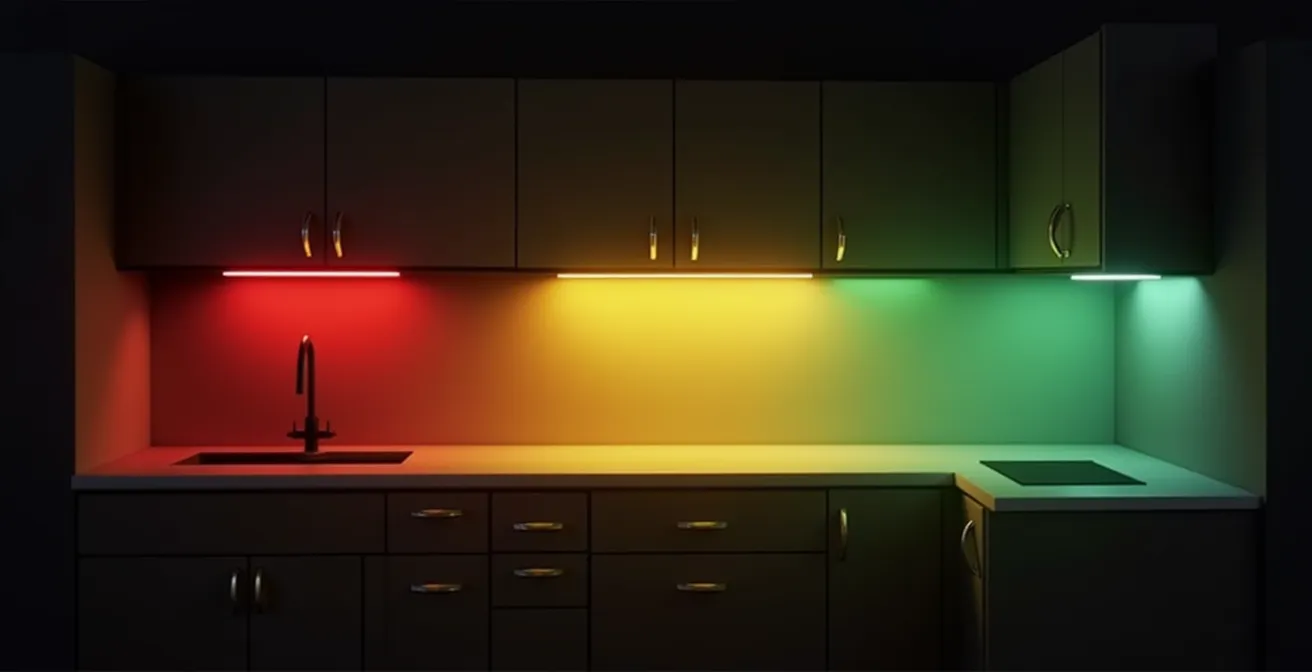 Schema tecnico del posizionamento della striscia LED sotto il pensile che illustra l'angolo di riflesso