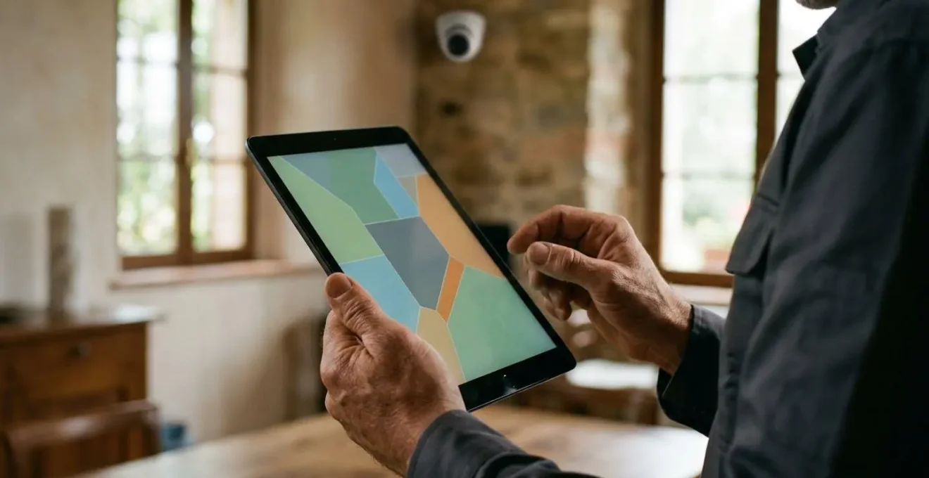 Primo piano di mani che configurano le impostazioni di privacy masking su un tablet, con telecamera sfocata sullo sfondo