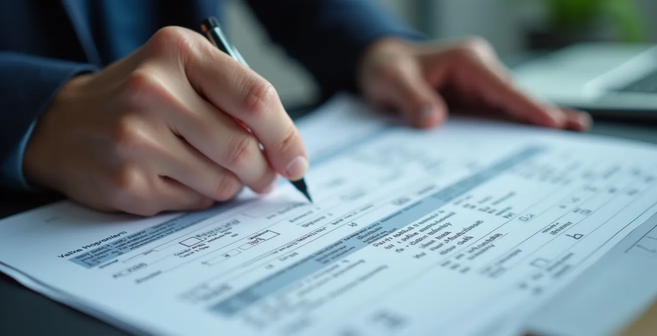 Mani professionali organizzano documenti finanziari su scrivania con calcolatrice e grafici sfocati