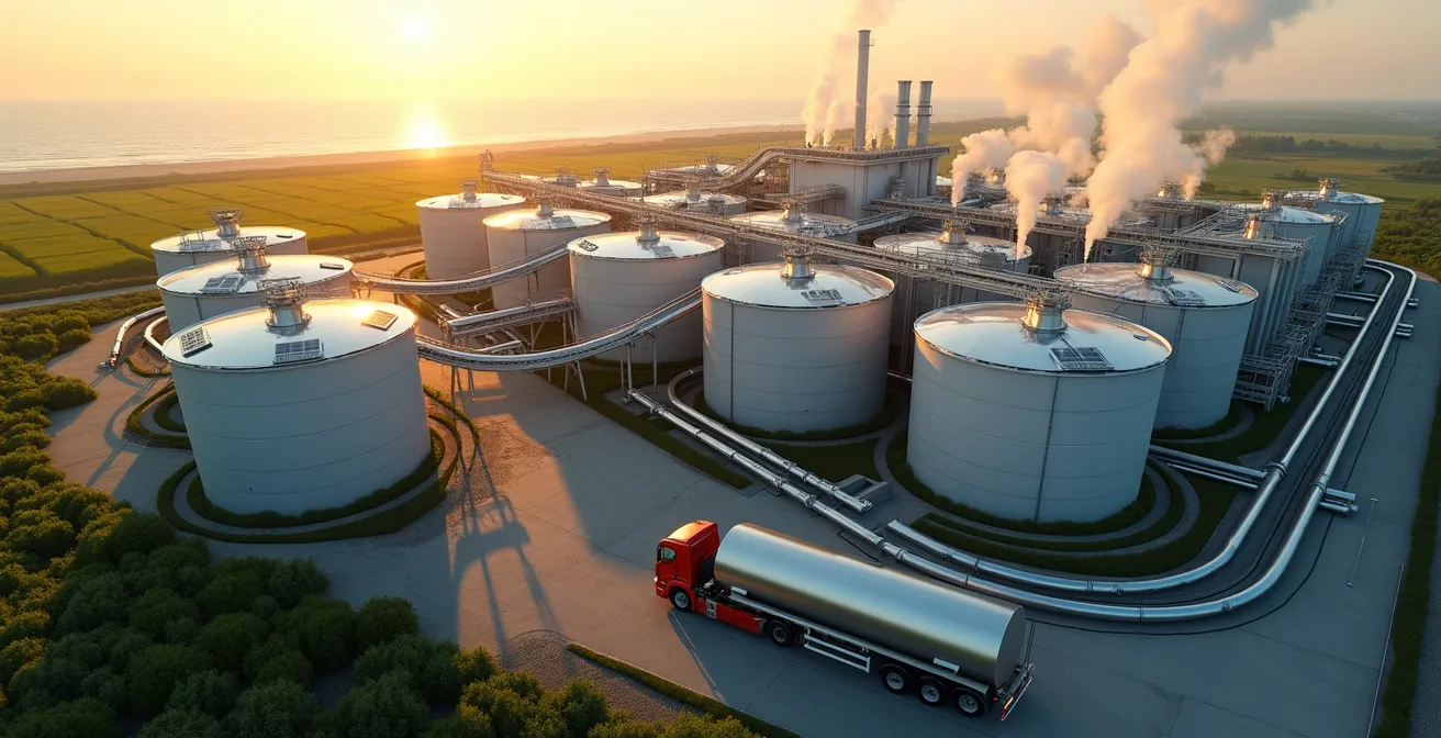 Vista aerea di bioraffineria moderna con serbatoi di stoccaggio e impianti di idrogenazione