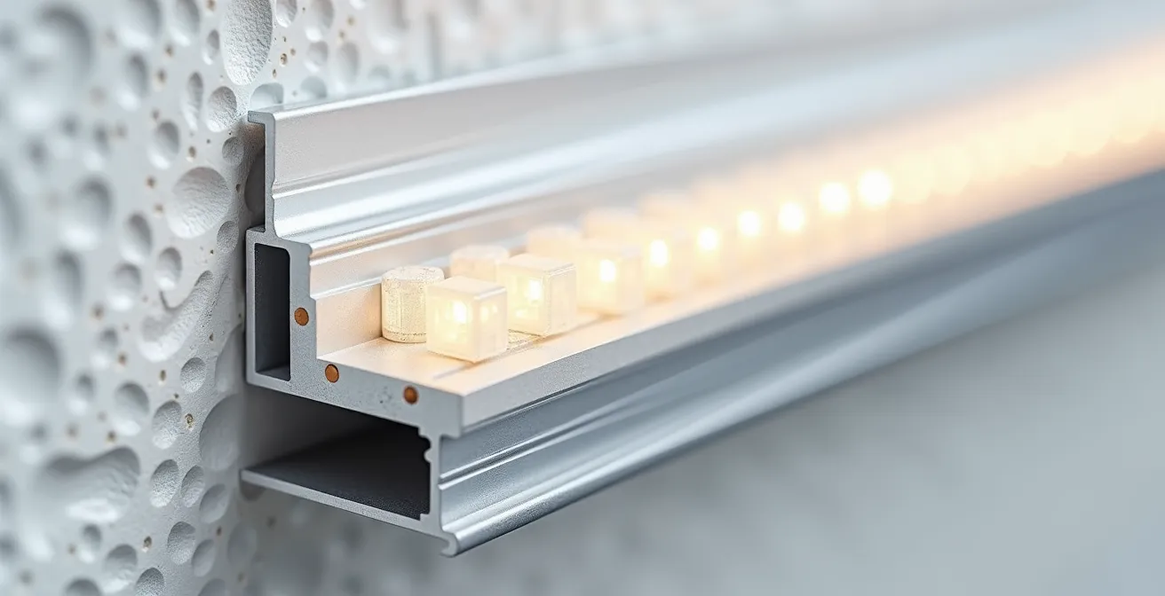 Sezione tecnica di profilo in alluminio con strip LED e diffusore opale per illuminazione omogenea