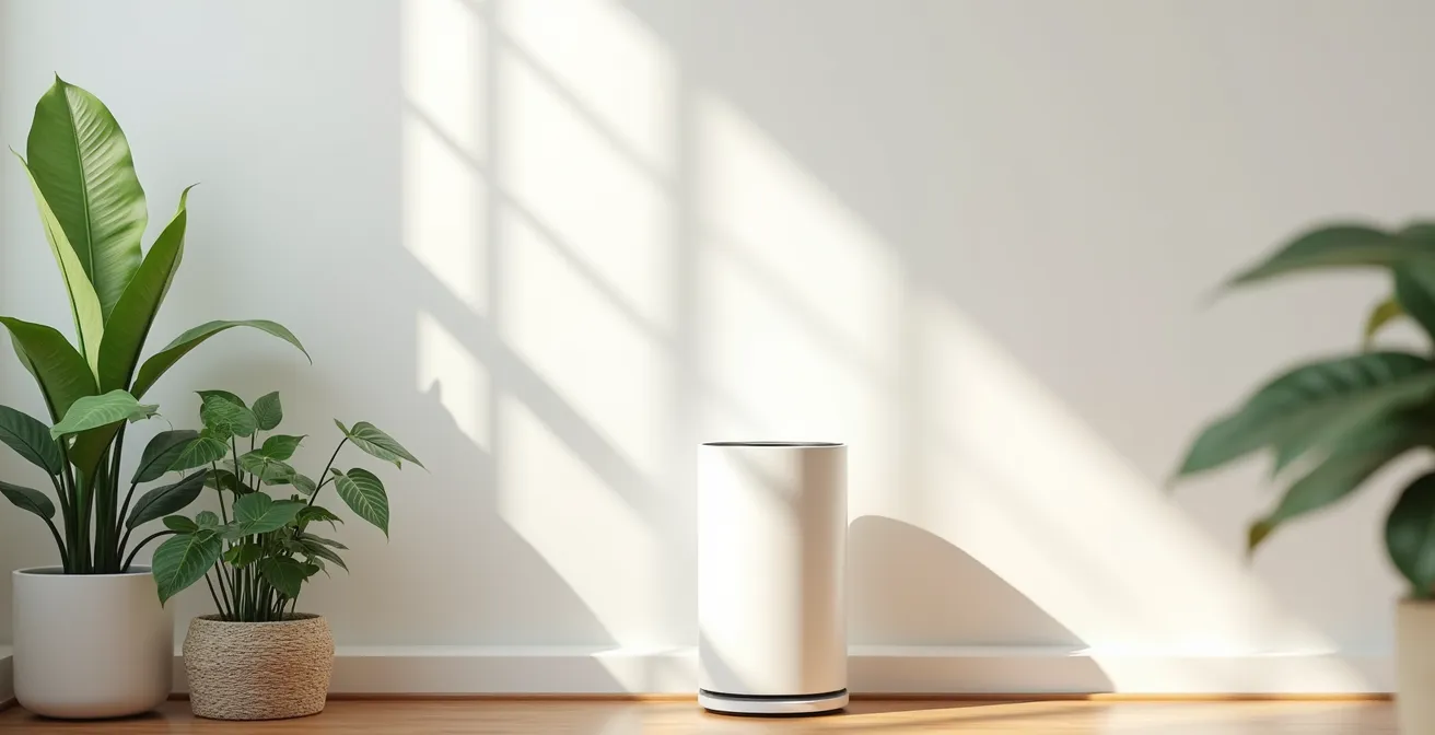Purificatore d'aria HEPA accanto a piante verdi in ambiente domestico moderno