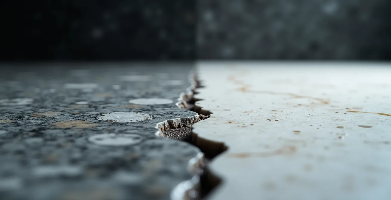 Effetto dell'acido anticalcare sulla superficie del marmo visto da vicino