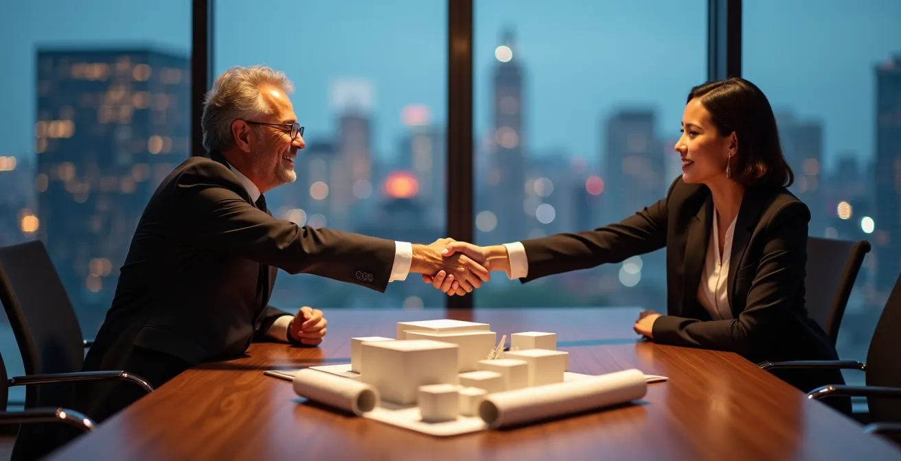 Rappresentazione simbolica della risoluzione di conflitti commerciali tramite arbitrato