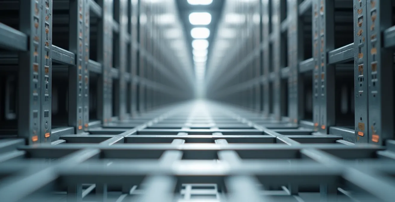 Primo piano di un sistema di scaffalature dinamiche AutoStore con dettagli delle texture metalliche