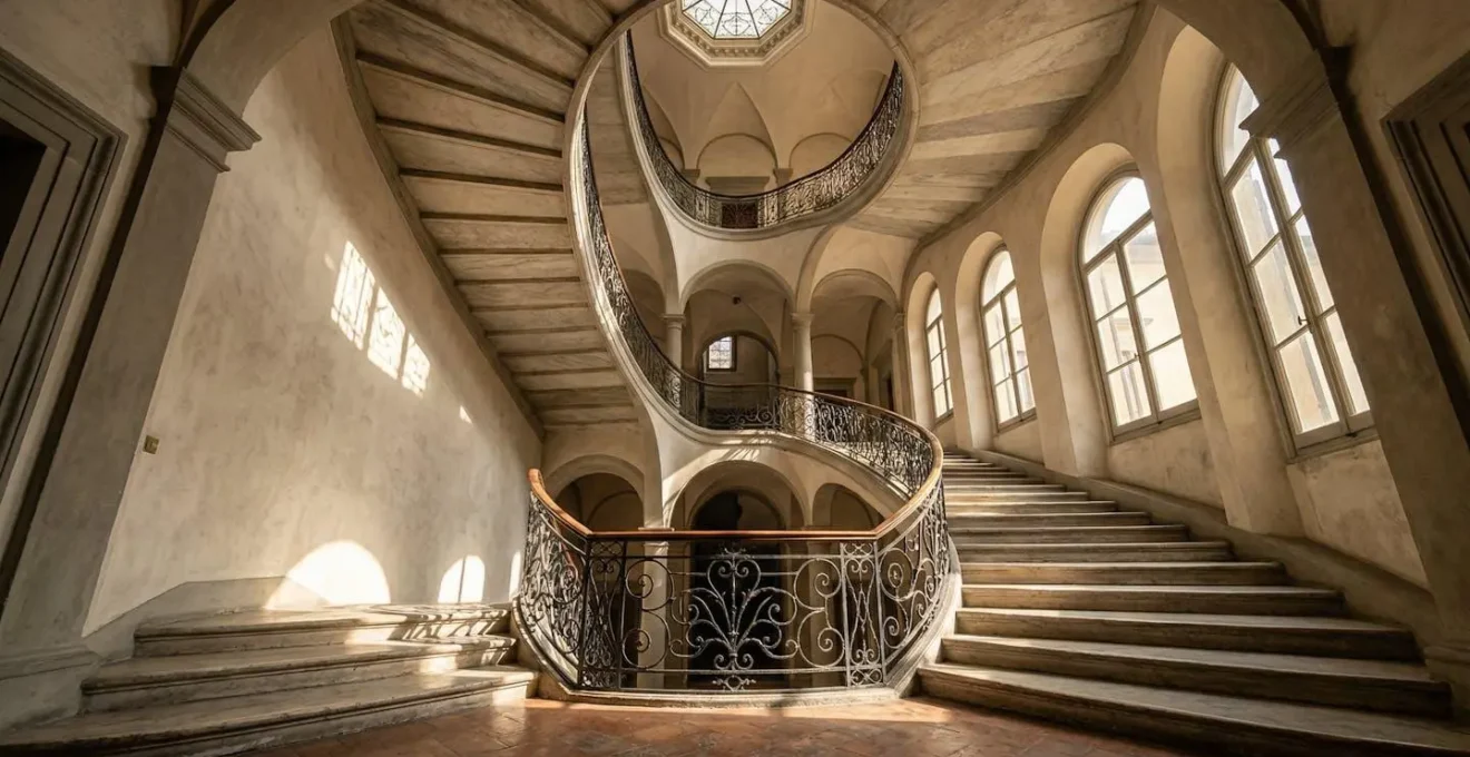 Scala elegante di un palazzo storico italiano illuminata da luce naturale che filtra dalle finestre