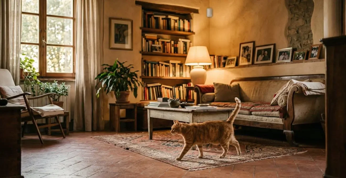 Sensore Pet Immune installato in soggiorno con gatto che si muove liberamente