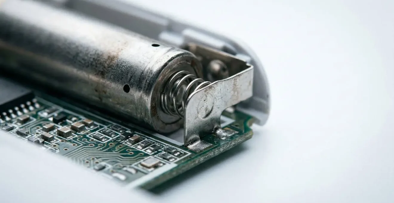 Dettaglio macro di un sensore PIR con batteria al litio visibile