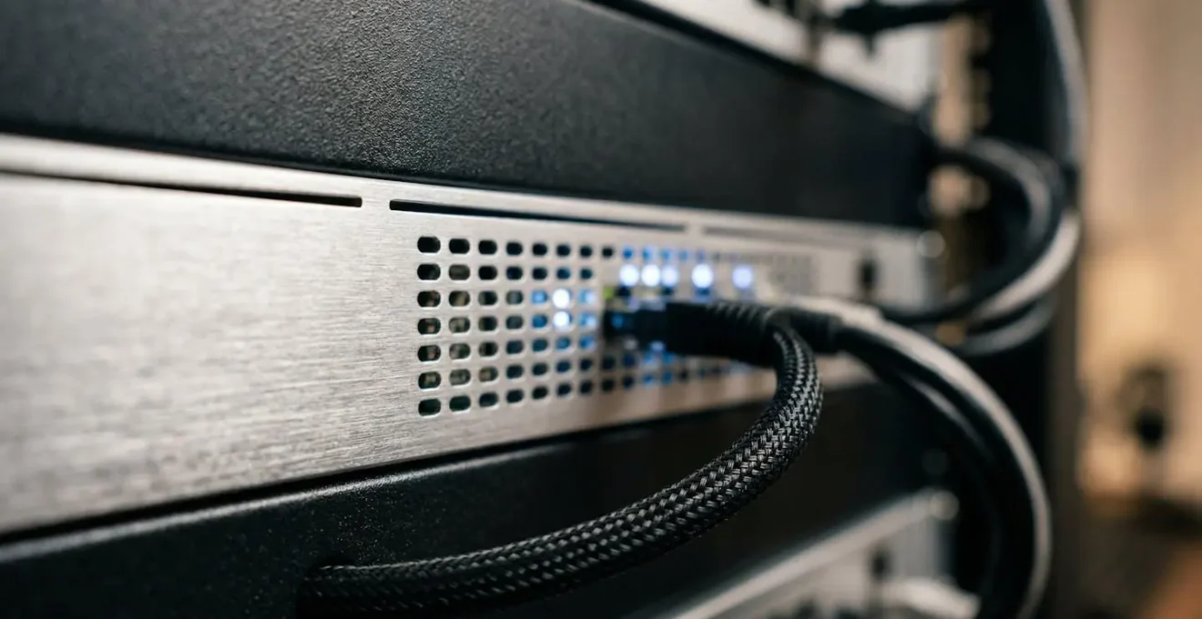 Sistema NVR professionale in un rack domestico con luci LED blu, ripreso in macro con profondità di campo ridotta