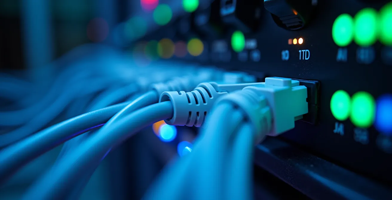 Vista macro ravvicinata di cavi di rete e luci LED di server in data center sicuro