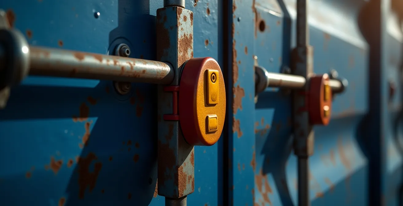 Dettaglio ravvicinato di un sigillo di sicurezza ad alta resistenza applicato su container