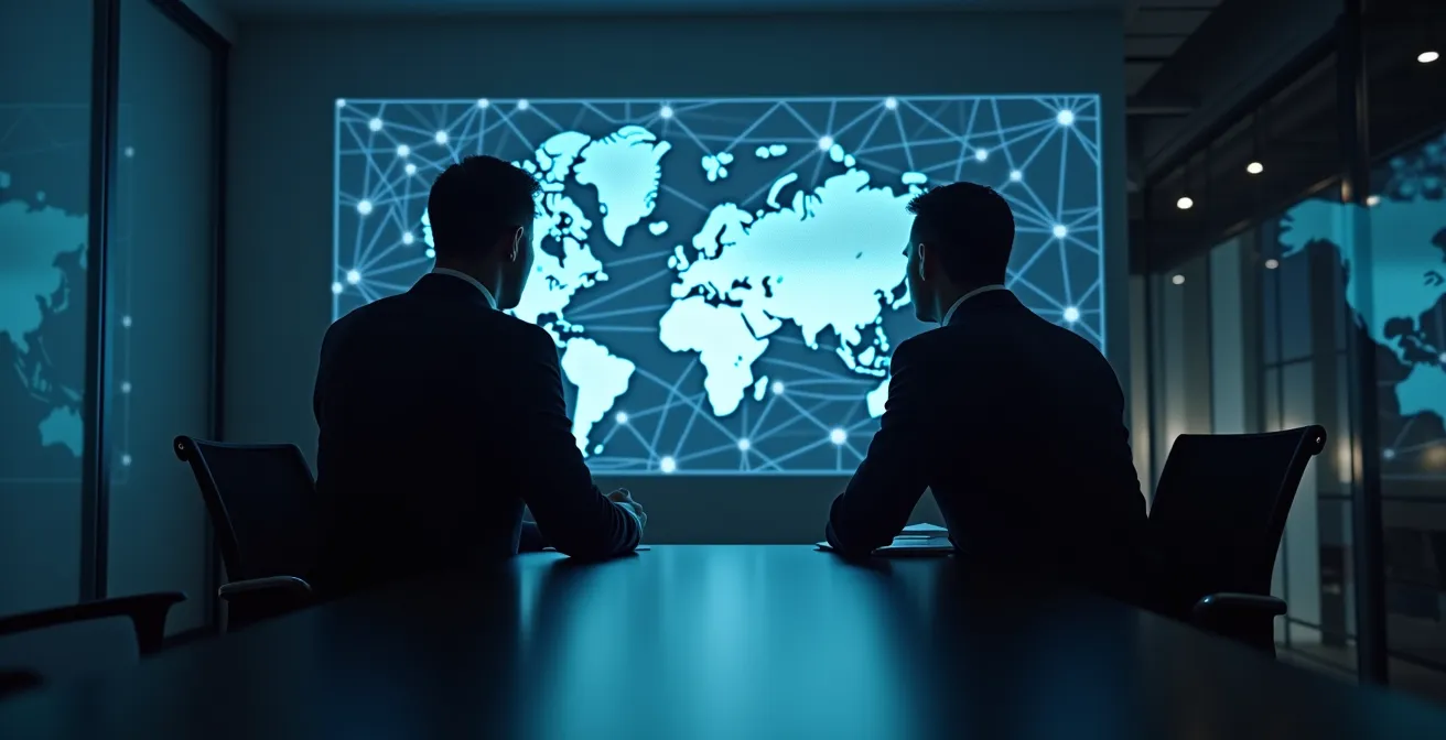 Visualizzazione 3D di una rete logistica con nodi interconnessi che rappresentano fabbriche e magazzini