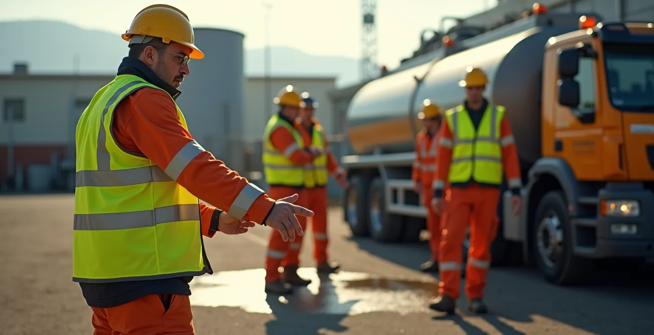 Esercitazione pratica di contenimento sversamento con team in formazione su piazzale industriale