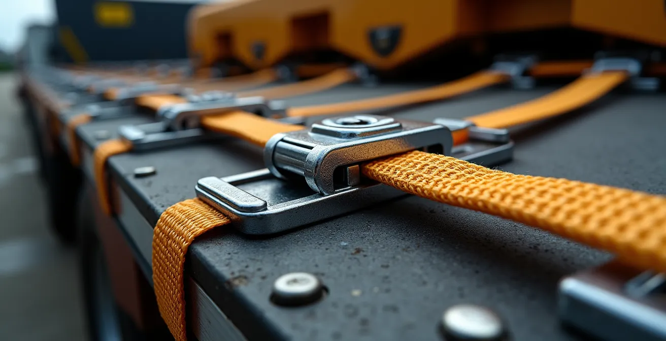 Dettaglio ravvicinato di un sistema di ancoraggio personalizzato con cinghie e supporti metallici per macchinario industriale