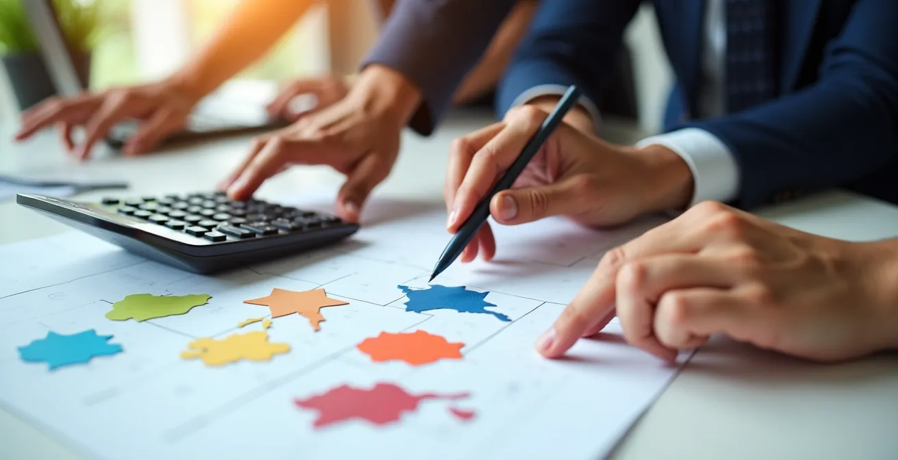 Primo piano di mani che lavorano su documenti e calcolatrice in un ufficio moderno