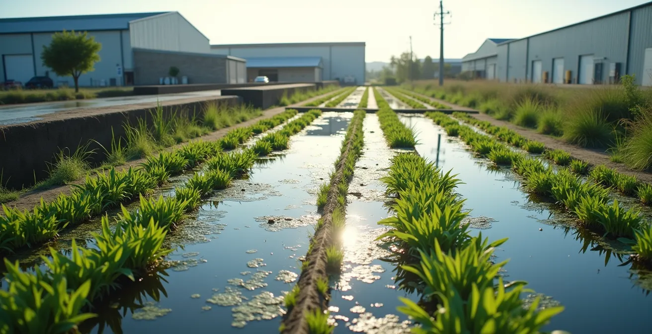 Vista aerea di un sistema di fitodepurazione integrato in un'area industriale con piante acquatiche