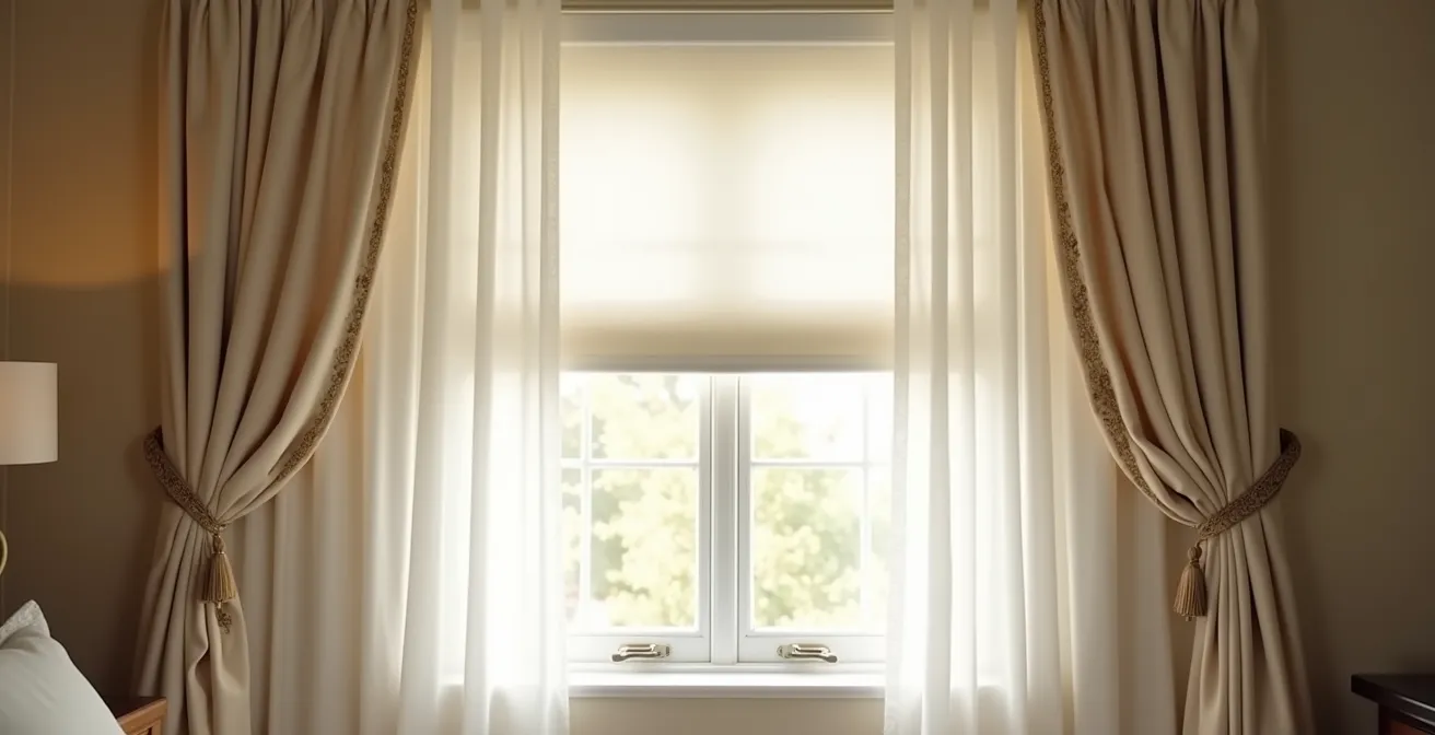 Sistema di stratificazione tende con velo leggero, tenda oscurante integrata e tenda decorativa laterale