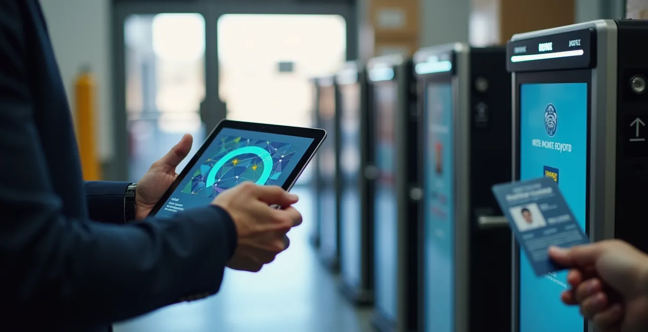 Sistema di controllo accessi con scanner biometrico e documentazione digitale in un centro logistico