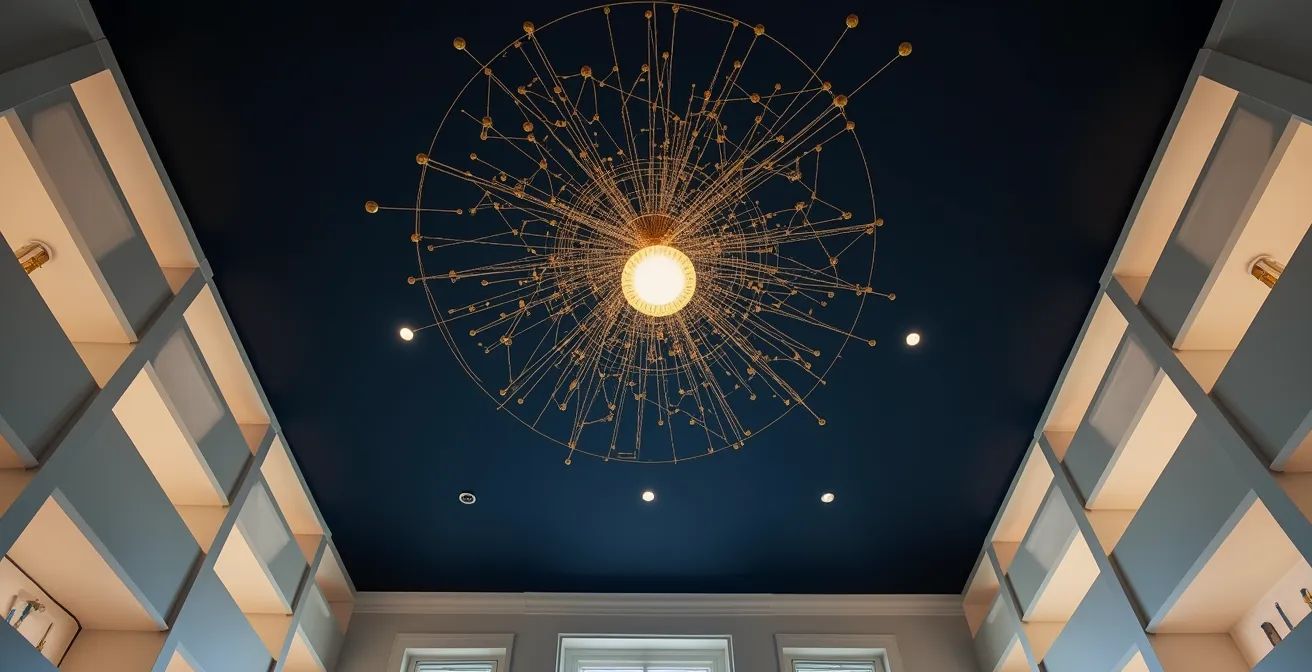 Soffitto scuro con sottile motivo geometrico dorato a raggiera che parte dal lampadario centrale
