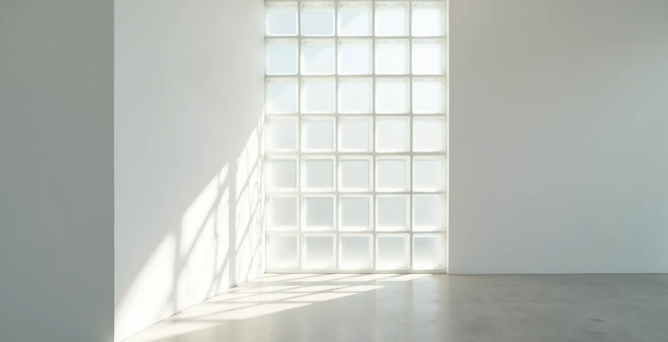 Interno luminoso con tunnel solare e parete in vetrocemento che dimostra soluzioni creative per i rapporti aeroilluminanti