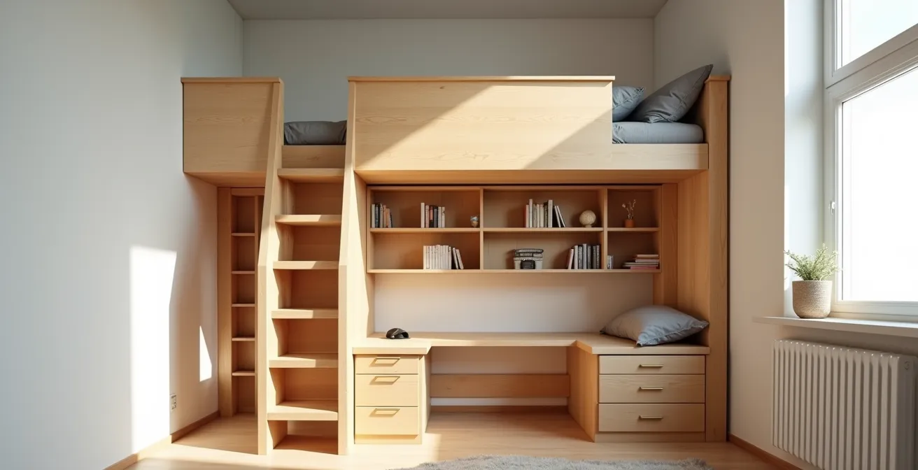 Soppalco minimalista con scala contenitore e libreria integrata nella struttura portante