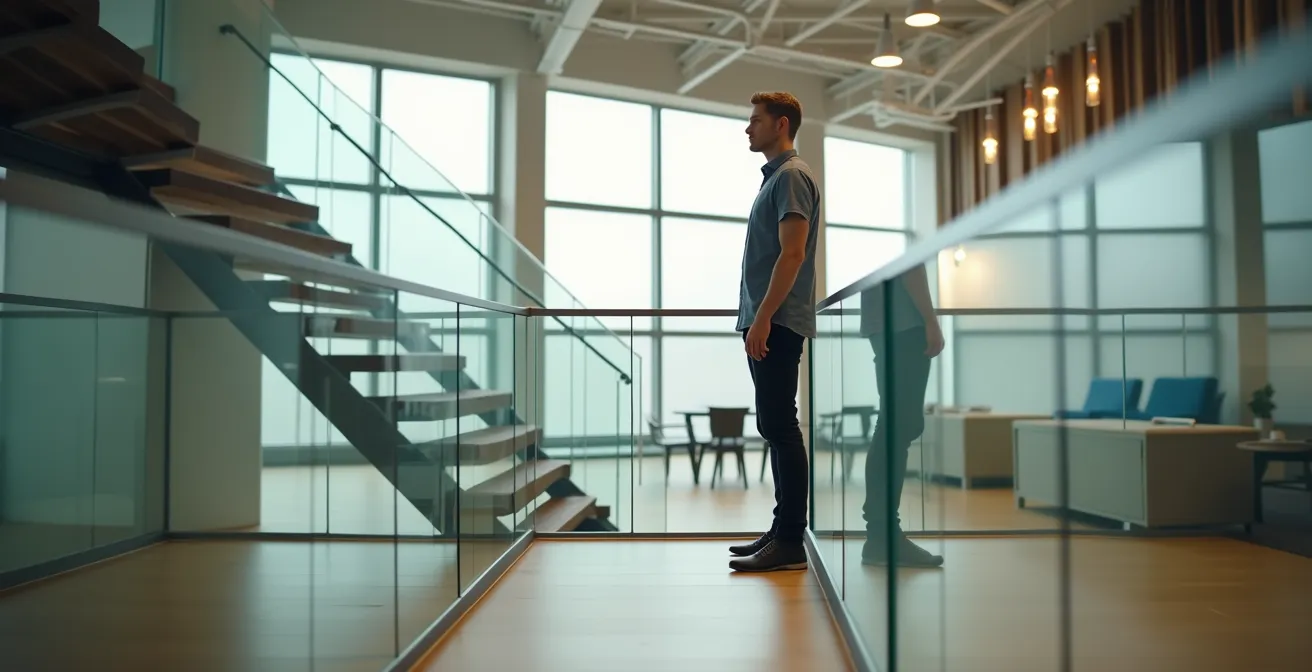 Vista di un soppalco moderno con parapetto in vetro in un ex negozio, che mostra l'importanza dell'altezza per l'abitabilità